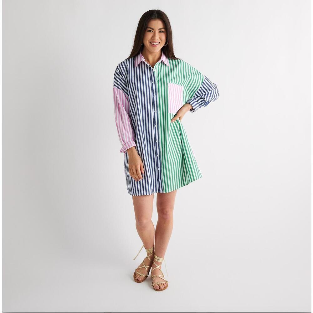 NEW CARYN LAWN contrast stripe mini dress in pink/blue multi